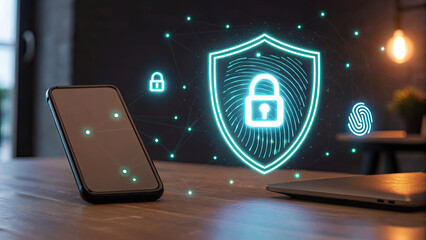 Smartphone with glowing security shield hologram, symbolizing data protection and cybersecurity, is placed on wooden desk