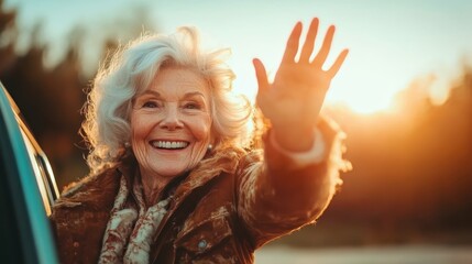 A joyful elderly woman waves goodbye in the golden hour, exuding warmth and happiness, capturing a moment filled with nostalgia, wisdom, and the beauty of life’s experiences.