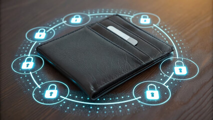 Black leather wallet surrounded by digital security icons, symbolizing secure financial transactions and data protection