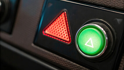 Close up of car dashboard showing red hazard warning button and green button with triangle symbol, emphasizing safety and functionality