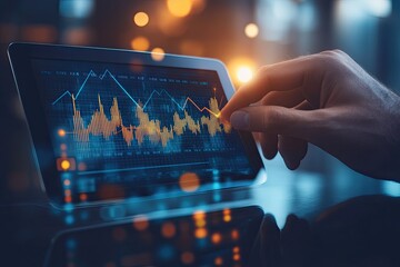 Close-up of hand touching financial data on tablet