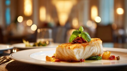 Pan-fried sea bass with cherry salsa and basil leaf garnish on a white plate on a softly blurred upscale hotel dining room background under perfect lighting