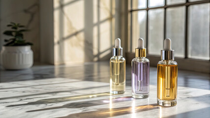 Elegant glass dropper bottles with colorful liquids sit on sunlit marble surface, creating serene and luxurious atmosphere