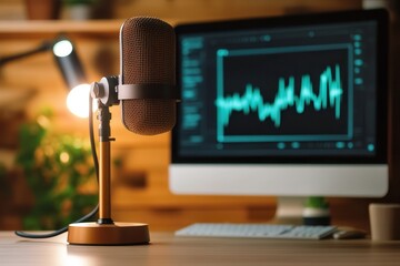 Detailed view of a professional podcasting microphone and dynamic audio waveform in a cozy studio workspace