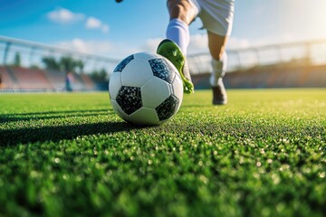 Soccer player kicking ball on field