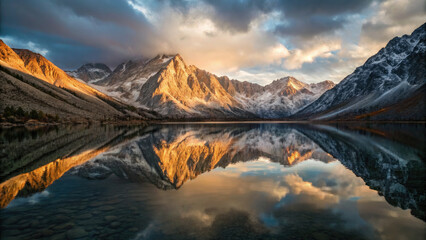 Serene mountain landscape with snow capped peaks reflecting on calm, clear lake under dramatic sky at sunrise