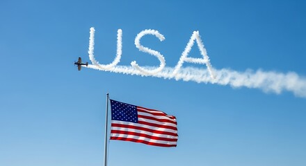 American flag waves proudly as an aerobatic airplane performs skywriting, spelling out USA in smoke against a clear blue sky for a patriotic holiday celebration.