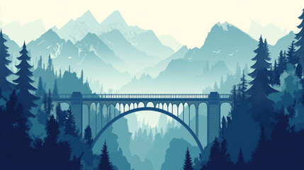 Fototapeta premium A stylized vector illustration featuring a stone bridge with arches spanning a river, set against a backdrop of snow-capped mountains and pine forests in various shades of blue.