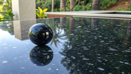 Shiny black sphere rests reflective granite surface, surrounded by lush greenery and palm trees background. serene setting adds tranquil vibe