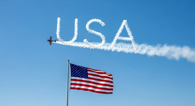 American flag waves proudly as an aerobatic airplane performs skywriting, spelling out USA in smoke against a clear blue sky for a patriotic holiday celebration.