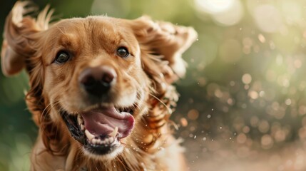 Obraz premium A joyful golden retriever captures the heart and spirit of playfulness, showcasing happiness and vitality in a beautifully blurred green park background.