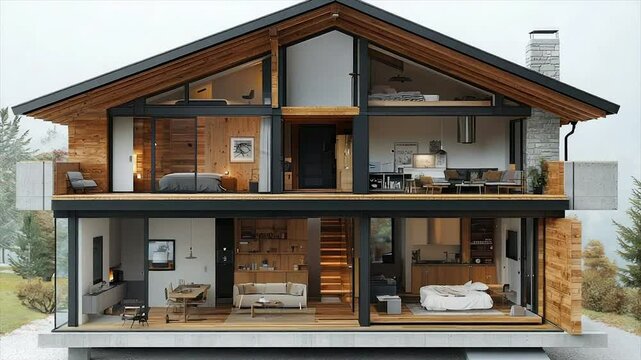 Modern chalet interior design, split-level home, showcasing open spaces and natural elements