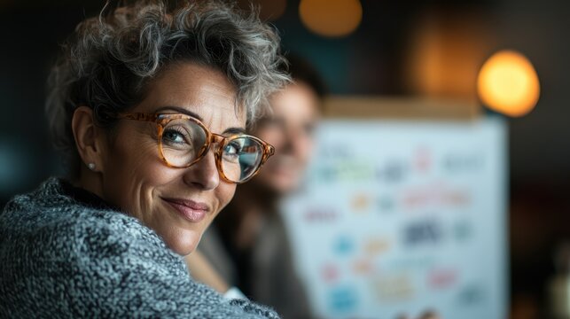 A confident woman with curly hair and stylish glasses smiles warmly in a cafe setting, showcasing empowerment, approachability, and a sense of connection with her surroundings.