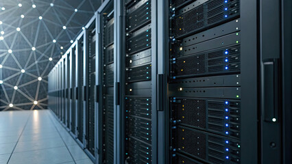 Row of modern server racks in data center with glowing indicator lights, showcasing advanced technology and network infrastructure