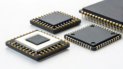 Microchips with gold pins arranged on white surface, showcasing modern electronic components for technology and computing applications