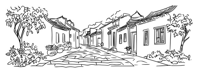 Obraz premium traditional chinese street with tiled roofs and potted trees – vector sketch illustration