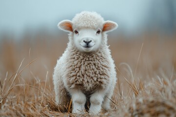 Fototapeta premium Adorable lamb sitting in dry grass field smiling at the camera