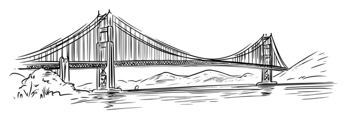 suspension bridge over river with mountains in background – vector line sketch