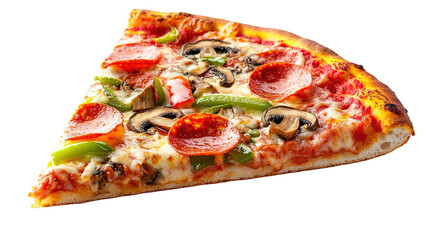 Template with delicious tasty slice of pepperoni pizza flying on white background. Generative AI