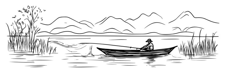 man rowing boat on lake with reeds and distant mountains – vector nature sketch © Mago