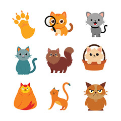 Charming cat illustrations featuring cute cat paw kitten meowing fluffy cat in basket cat stretching in blanket and grumpy cat face Vector illustration on white background