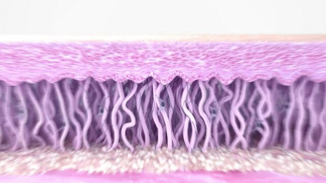 Cross-section view of skin layers: epidermis, dermis, hypodermis. Structure of the extracellular matrix: fibroblasts, collagen, and elastin fibers. 3D model