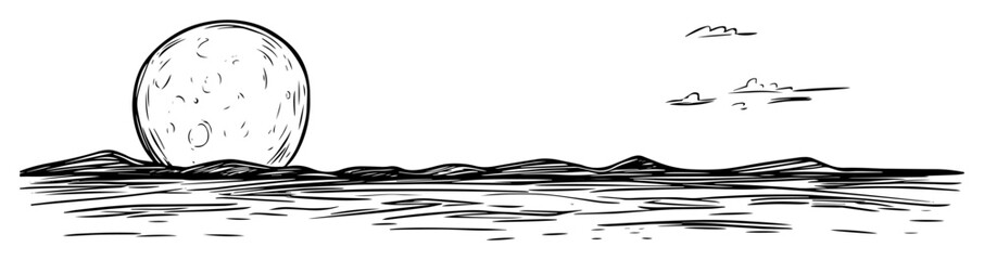 full moon rising over mountains and lake – vector night landscape