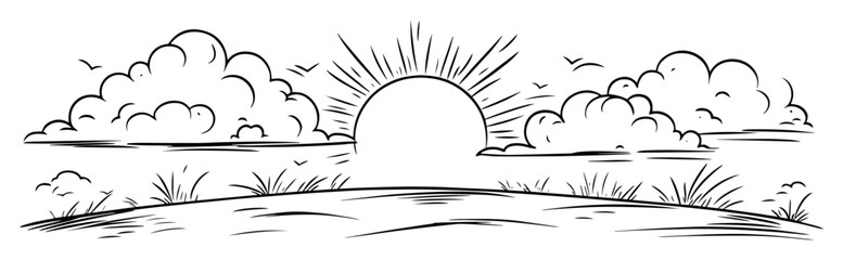 Obraz premium sunset over field with clouds and grass – hand drawn vector sketch