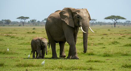 Fototapeta premium Majestic African elephants mother and calf stroll serene savanna grassland breathtaking wildlife scene