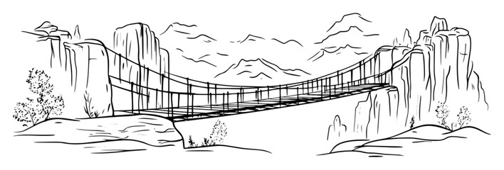 Naklejka premium suspension bridge between rocky cliffs in mountain landscape – vector sketch
