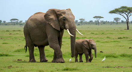 Fototapeta premium African elephants majestic mother and calf serene savanna landscape breathtaking wildlife scene