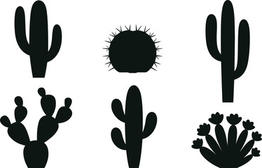 Fototapeta premium Silhouette vector illustration of cactus plants in different shapes and styles including saguaro, prickly pear, and blooming types