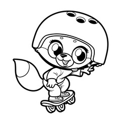 Cute cartoon fox wearing a protective helmet, riding a skateboard outlined for coloring page on white background