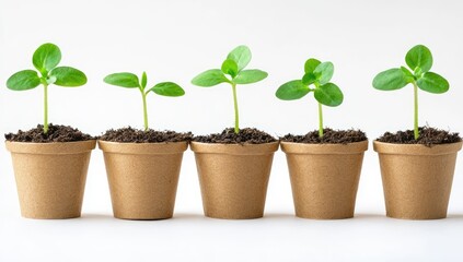 Five small plants in brown pots,  growing stages