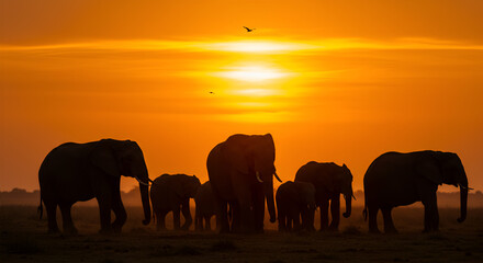 Fototapeta premium African elephants silhouetted against a fiery sunset majestic beauty of the savanna unforgettable wildlife spectacle