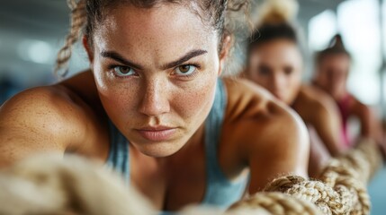 A focused woman pulling a rope during a strenuous fitness training session, embodying strength, determination, and the spirit of competitive sports.