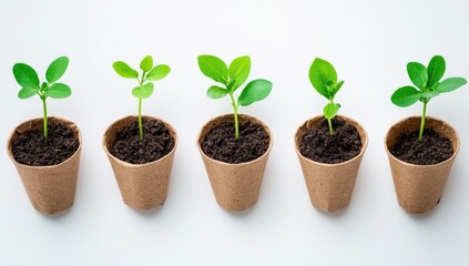 Five small plants in paper pots, showing growth stages