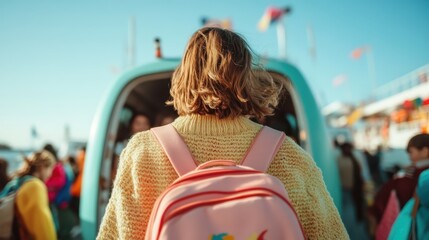 A woman with a pink backpack walks towards a colorful boat in a vibrant setting, capturing the essence of adventure, travel, and excitement along the waterfront.