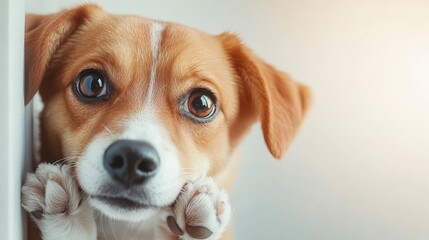 A cute dog gazes directly at the camera with captivating, expressive eyes, reflecting innocence, playfulness, and a longing for companionship and affection.