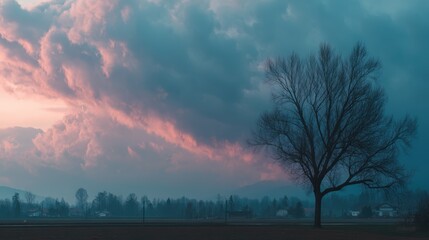 Obraz premium Moody header of storm clouds behind a solitary tree on a softly blurred landscape background