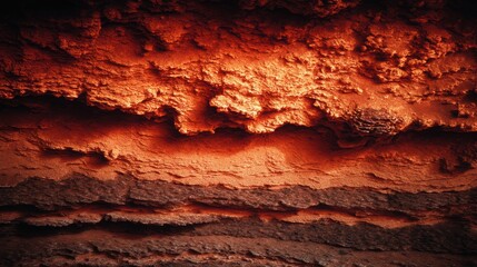 Moody close-up of Martian rock strata stained bright orange and red under soft twilight