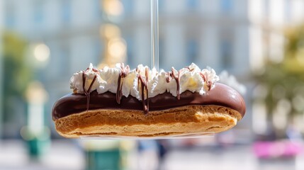 Suspended chocolate &Atilde;&copy;clair with vanilla cream burst on a softly blurred Parisian patisserie window background under soft midday light