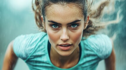 Obraz premium A determined athletic woman sprints against rain, embodying focus and power while showcasing her passion for fitness and resilience in challenging weather conditions.