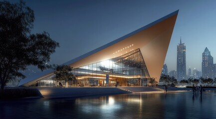 Obraz premium Modern triangular building at dusk, reflecting in water, city skyline in background
