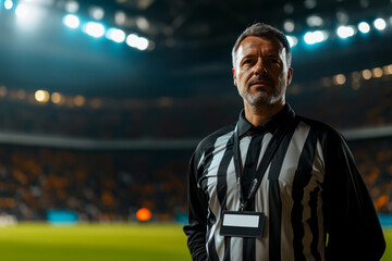 Fototapeta premium Soccer referee standing on a playing field in a big stadium at night, ready to start a match