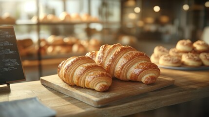 A delightful presentation of golden-brown croissants, freshly baked and placed on a wooden board, evoking the warmth of a bakery and the joy of a morning treat.