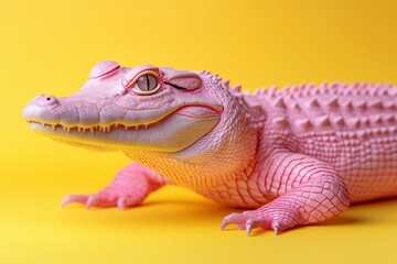 Fototapeta premium Pink alligator resting on a vibrant yellow background, showcasing a unique blend of wildlife and contemporary art