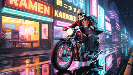 Skeleton biker rides a motorcycle through a neon lit rainy city street