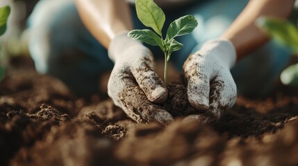 A gardener carefully plants a seedling into rich soil, symbolizing growth and nurturing togetherness with nature in a sustainable, caring environment.