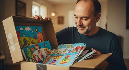 Man looking at children's drawings in a box memories childhood art family keepsake nostalgia happy dad proud 100 father's day